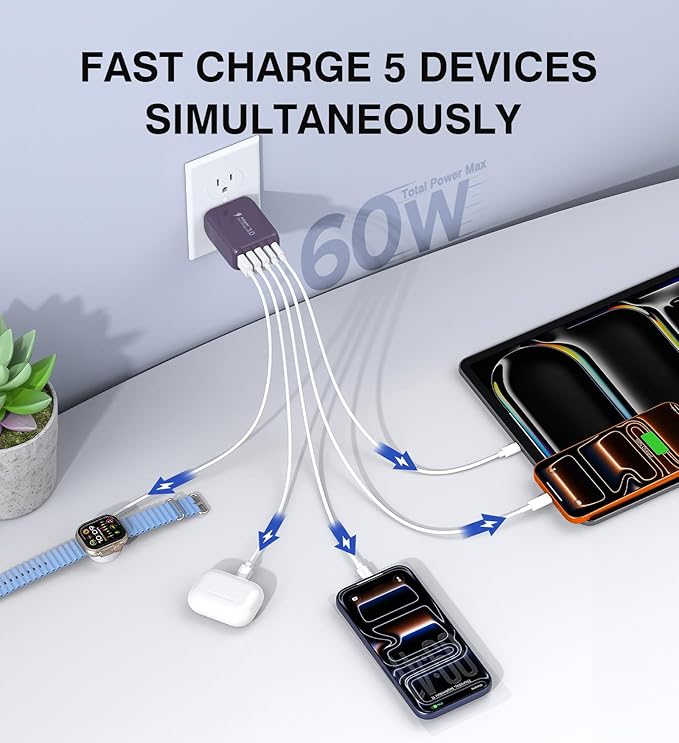 60W 2-Pack USB C Wall Charger Block, 5-Port C Charger Fast Charging Block PD - Image 2