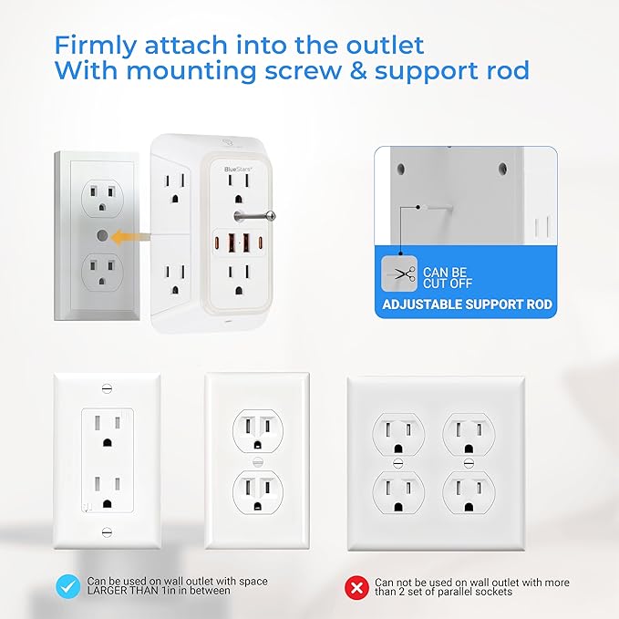 Wall Mount Power Strips Wall Charger 6 Outlet Extender 4 USB Ports and Night - Image 6
