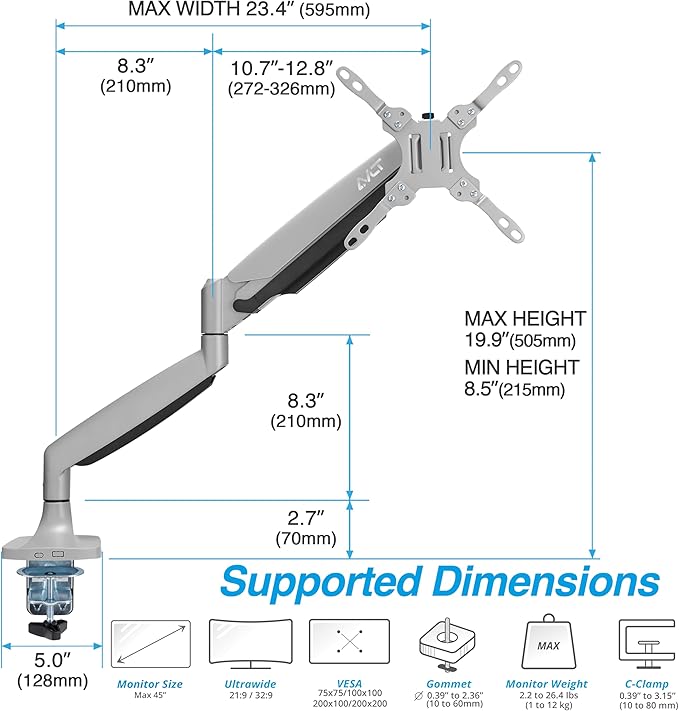 AVLT Single 17"-45" Monitor Arm Desk Mount Premium Mechanical Spring fits One - Image 2