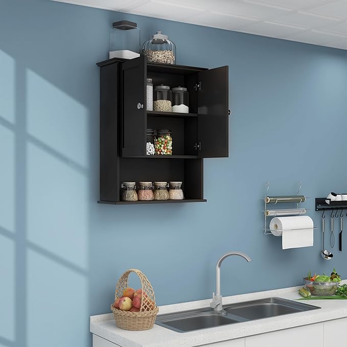 Black Wall Cabinet 24x30 Inch Wooden Over The Toilet Storage Cabinets - Image 7