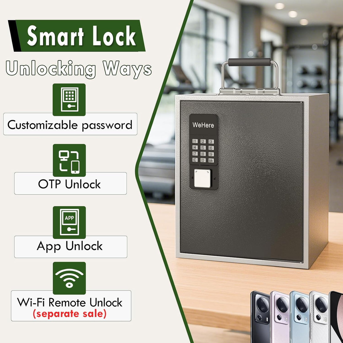 36 slots cell phone locker with smart lock showing dimensions