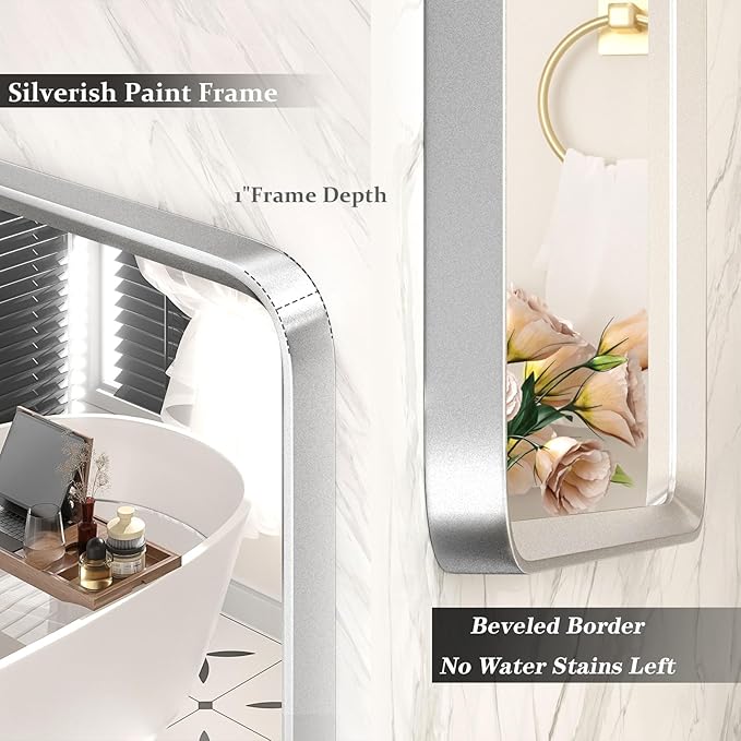 24x36 Inch Silver Framed Mirror, Brushed Nickel, Rounded Rectangle Mirror - Image 2