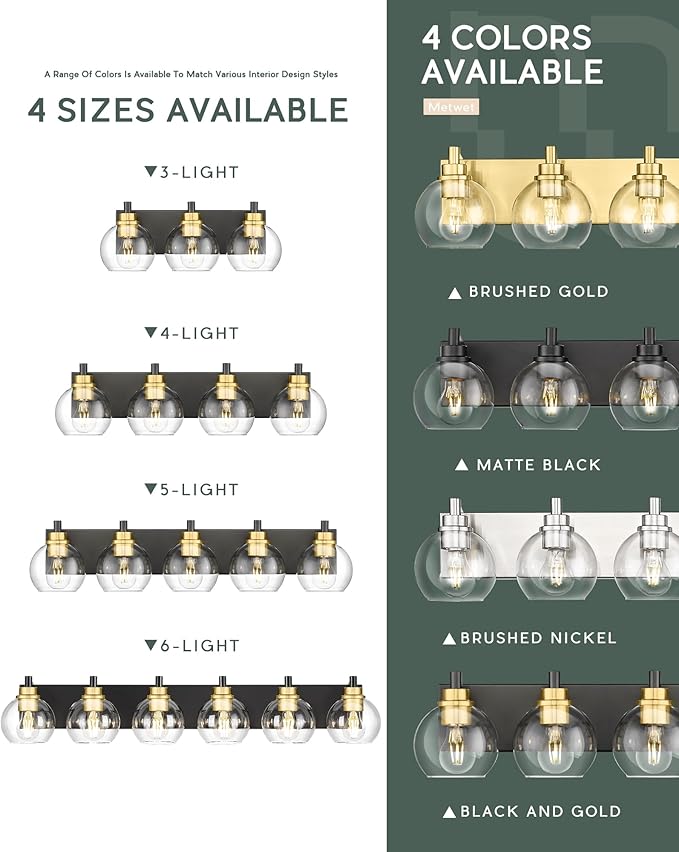 METWET Bathroom Light Fixtures, 6-Light Black and Gold Bathroom Vanity Light - Image 6