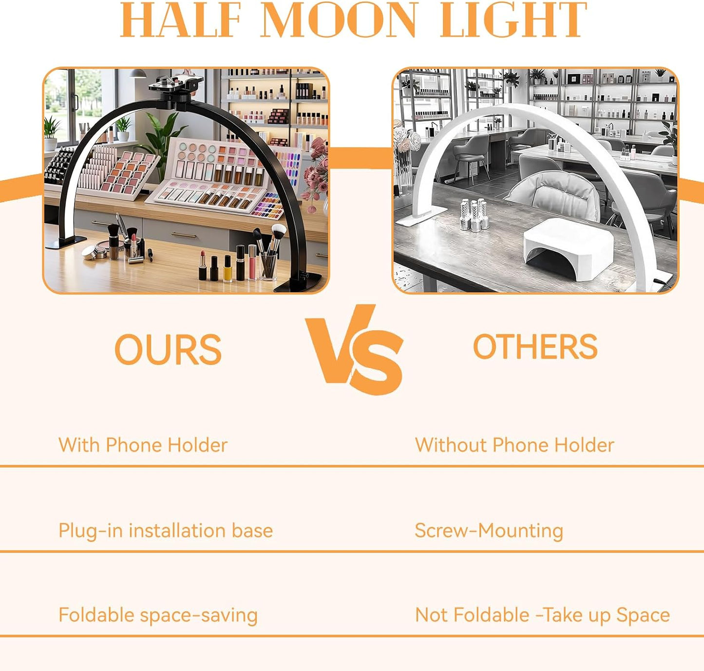 Kadden Foldable Large Half Moon LED Light for Table Nail Desk with Phone Stand, Upgrade Arch Light for Nail Techs with Wire Controller for Manicure Tattoo Beauty (Black, Large)