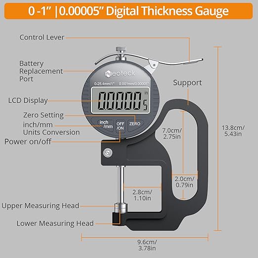 Neoteck Digital Thickness Gauge 1inch/25.4mm, 0.00005inch/0.001mm LCD Display - Image 6