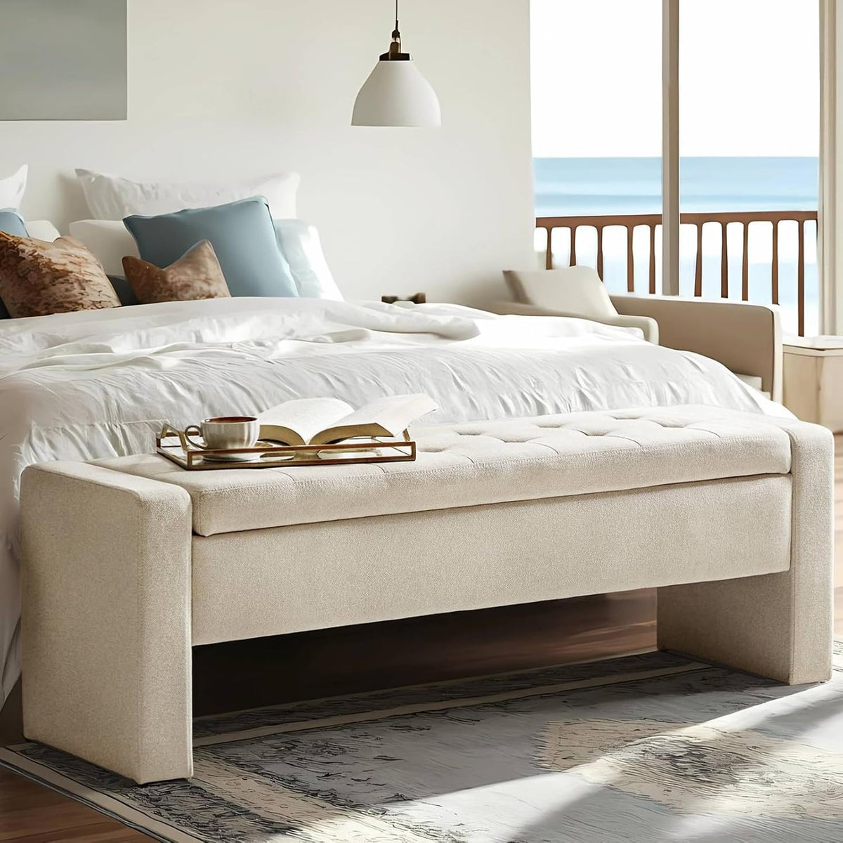 55" modern upholstered storage bench with tufted seat, main product view