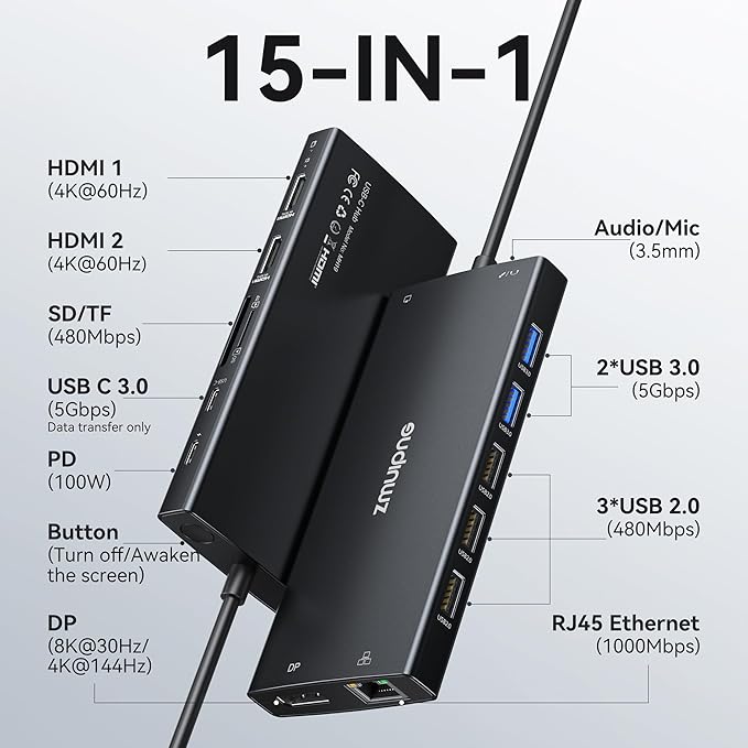 USB C Hub USB C Docking Station Dual Monitor 4K@60Hz+DP 8K@30Hz - Image 2
