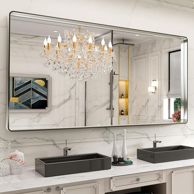 LOAAO 84X32 Inch Brushed Nickel Bathroom Mirror, Rounded Rectangle Silver Metal - Image 8