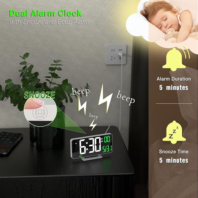 KOSUMOSU Alarm Clock for Bedroom, 6.7" Led Desk Digital Clock, Mirror Clock - Image 5
