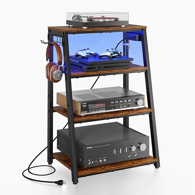 4-Tier AV Media Stand with Power Strips, Heavy Duty Stereo Cabinet Stand with by X-cosrack