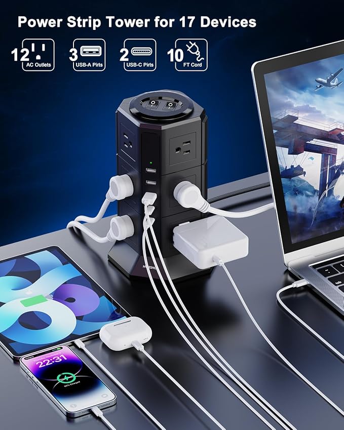 Surge Protector Power Strip Tower, 10FT Ultra Flat Extension Cord - Image 2