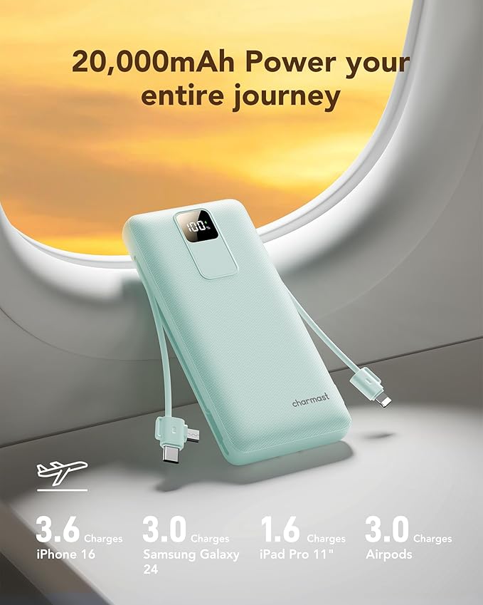 charmast Portable Charger with Built-in Cables and Wall Plug, 20000mAh 20W USB - Image 4