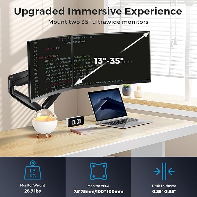 Curved Monitor Mount Dual Monitor Arm up to 35" Screens, Max 28.6lbs Each - Image 2