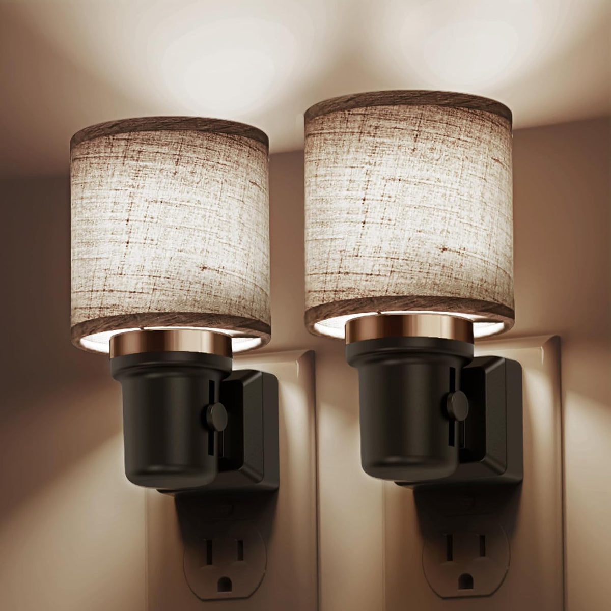 L LOHAS LED Night Lights Plug into Wall, 2 Pack Linen Fabric Cylinder Decor