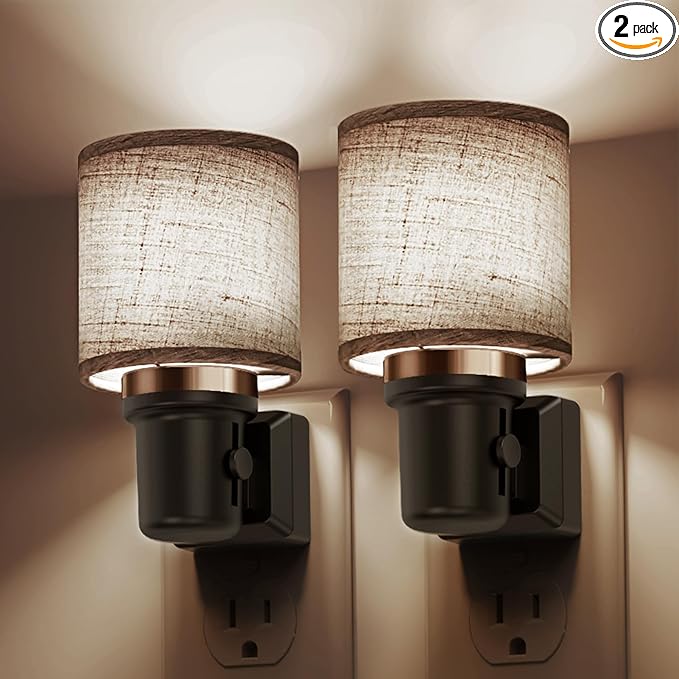 L LOHAS LED Night Lights Plug into Wall, 2 Pack Linen Fabric Cylinder Decor by LLOHASLED