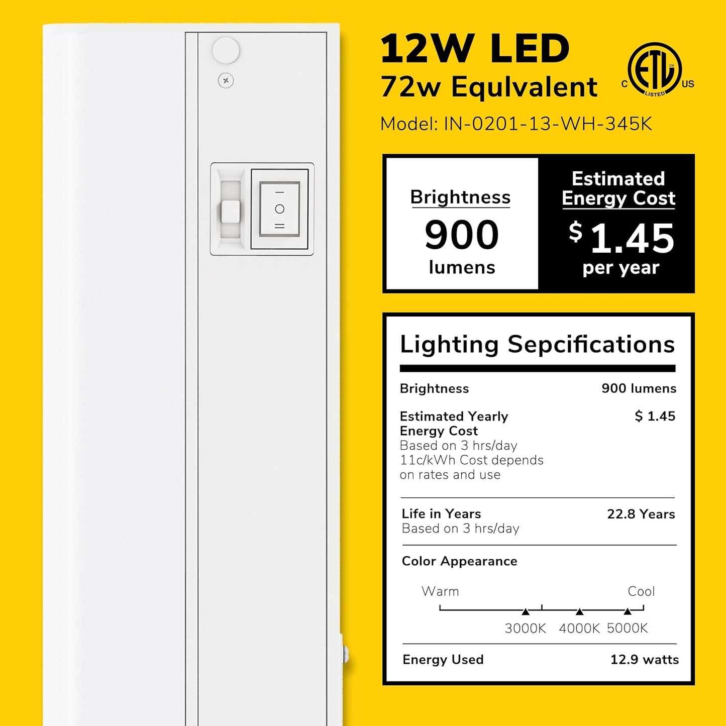 GETINLIGHT Dimmable Hardwired Only 3 Color Under Cabinet LED Lights, 24-inch, Soft White(3000K), Bright White(4000K), Daylight White(5000K), Matte White Finished, ETL Listed, IN-0201-13-WH-345K