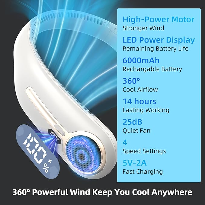 Kinhowly Portable Neck Fan, Hands Free Personal Wearable Bladeless Fan - Image 3