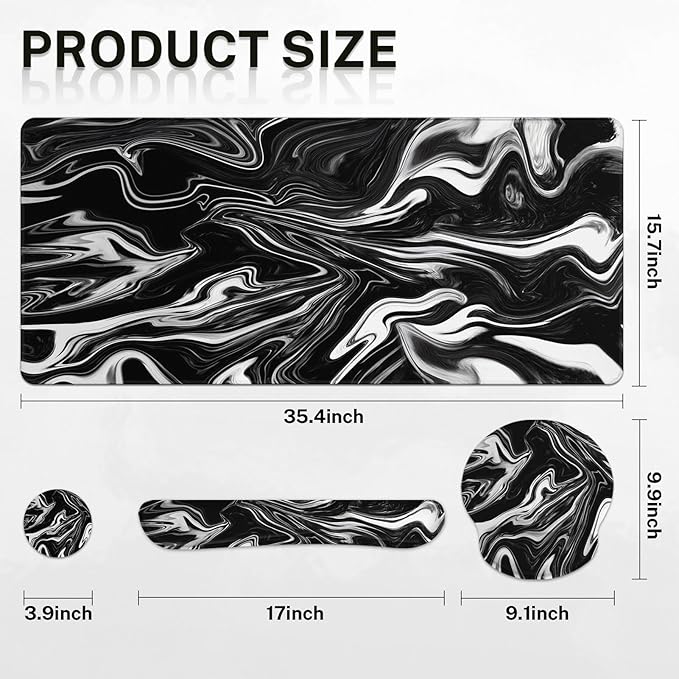 Britimes Black White Marble Keyboard Mouse Pad Set 4in1 Large Mousepad+Keyboard - Image 2