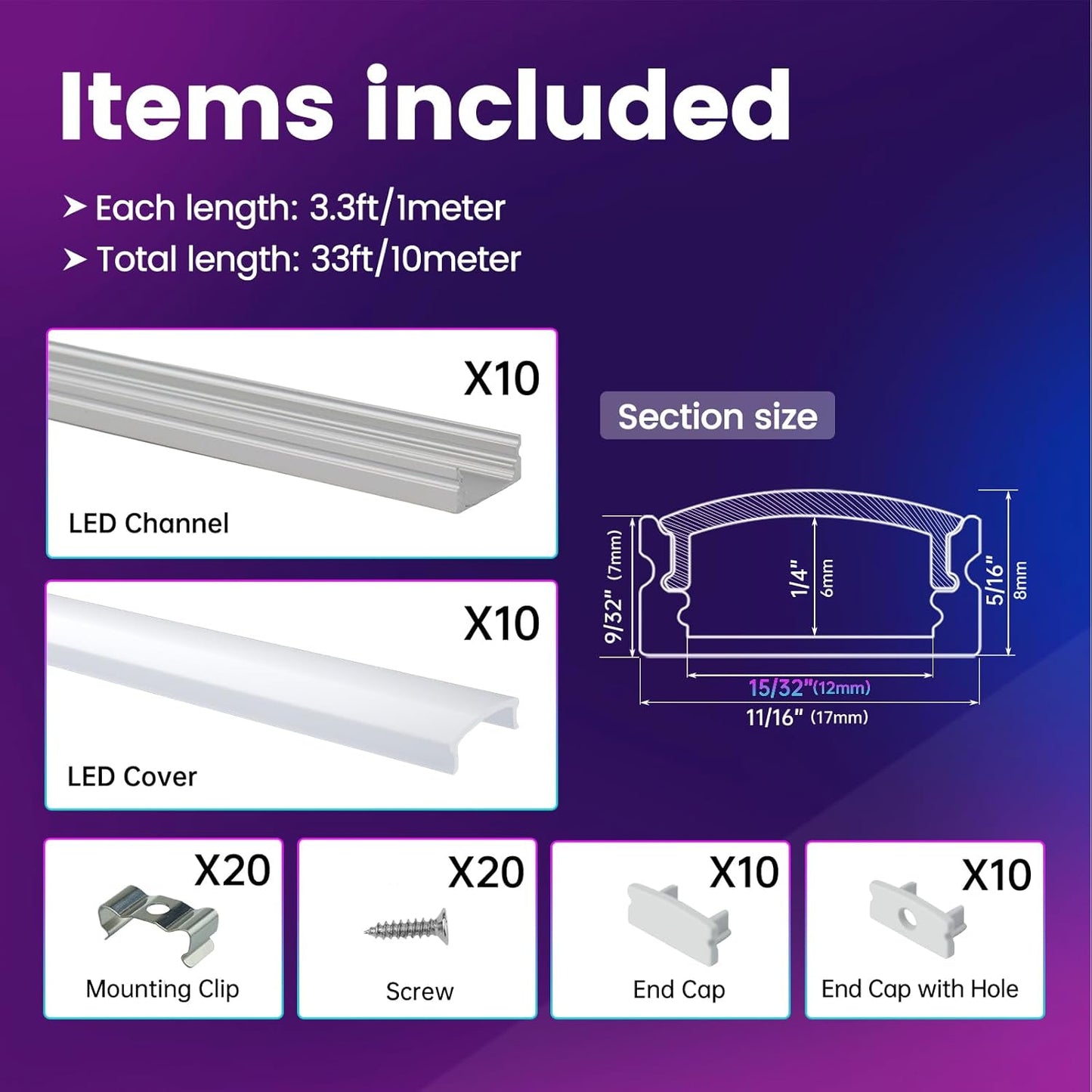 Muzata 10Pack 3.3FT/1M LED Channel Aluminum U Shape Silver LED Strip Diffuser Channel with Milky White Cover Easy Installation U1SW WW 1M