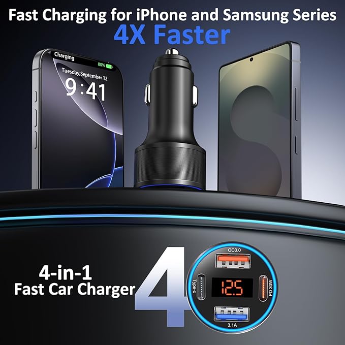 3 Pack USB C Car Charger, 4-Port 65W Dual 12V USB-A & USBC Cigarette Lighter - Image 2
