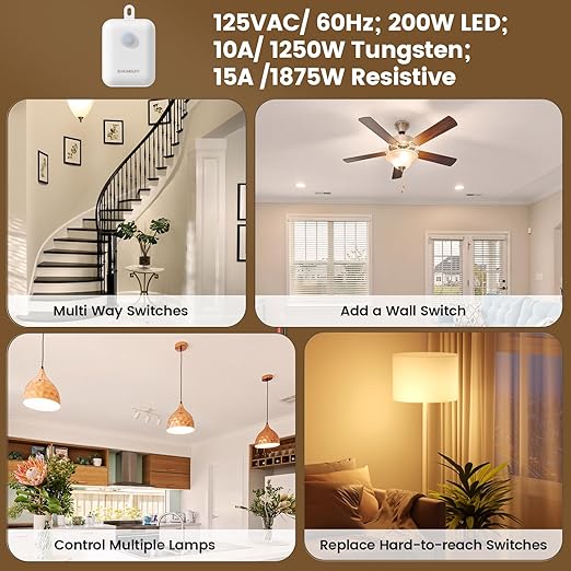 SURAIELEC Wireless Light Switch & Receiver Kit, 15A RF Remote Control Wall - Image 6