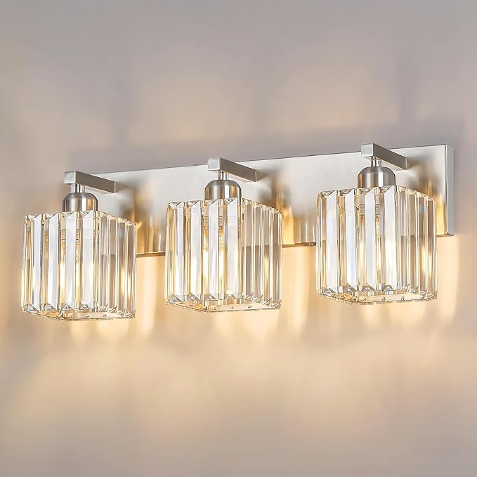 FDPBY Modern Vanity Light 3-Lights Brushed Nickel Vanity Light Crystal Bathroom by FDPBY