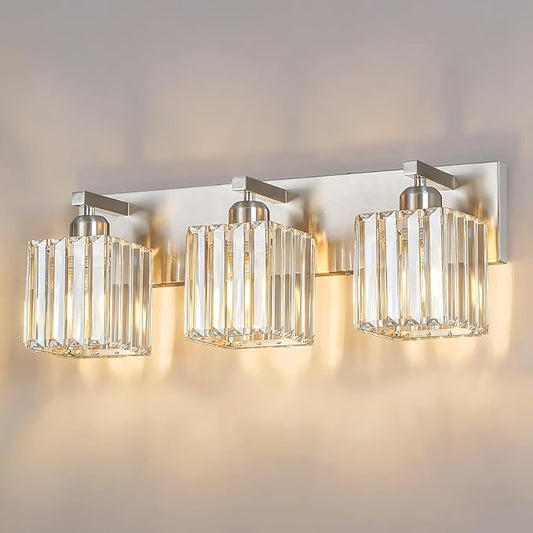 FDPBY Modern Vanity Light 3-Lights Brushed Nickel Vanity Light Crystal Bathroom by FDPBY