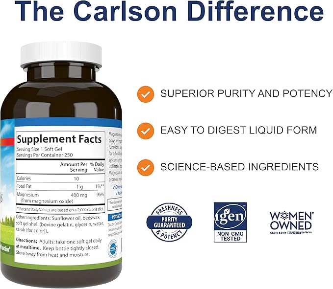 Carlson - Magnesium Gels, 400 mg of Magnesium per Softgel, Heart & Muscle - Image 2