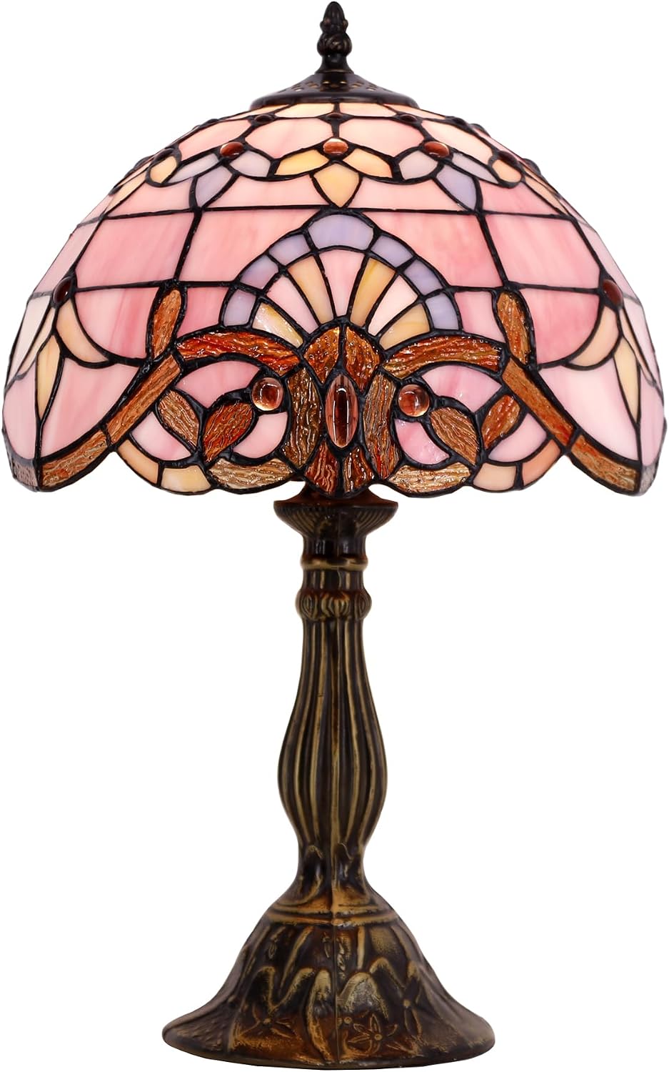 WERFACTORY Tiffany Lamp Bedside Pink Stained Glass Table Lamp 18 Inch Tall | 12X12X18 Inch Pink Baroque Style Lavender Reading Desk Light Decor Bedroom Living Room Home Office S003P Series