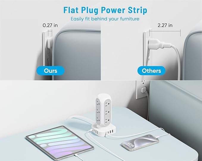 Flat Plug Power Strip Tower 15FT, 40W Total Fast Charging Station, Dual PD 20W - Image 4