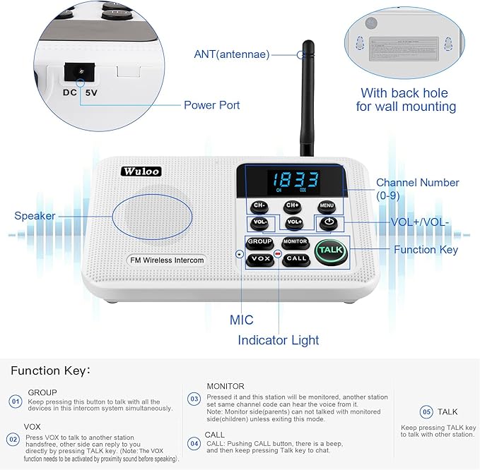 Wuloo Intercoms Wireless for Home 1 Mile Range 22 Channel 100 Digital Code - Image 5
