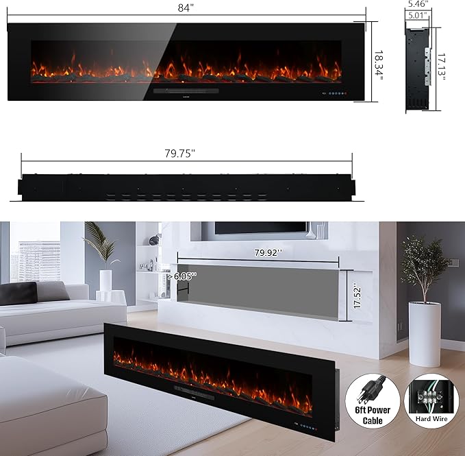 84 inches Electric Fireplace, Recessed & Wall Mounted Fireplace Heater 13 * 13 - Image 2