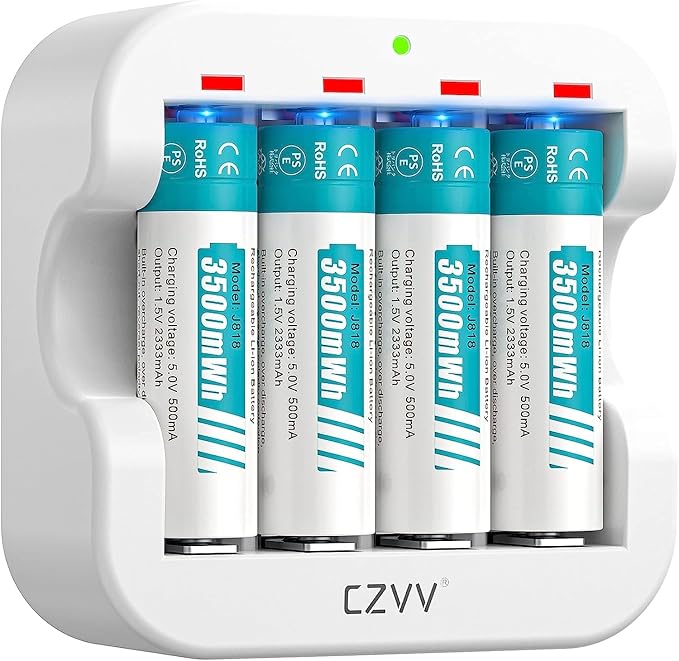 CZVV Rechargeable AA Lithium 1.5V Batteries 4-Pack, 3500mWh Full-Recharged by CZVV