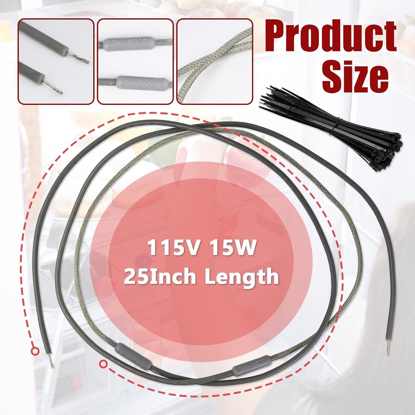 5-Pack SH201 Drain and Door Heater for Samsung and Most supco Refrigerators - Defrost Heater 7/16 Diameter 115V 15W 25 Inch Long Heater Wire - Refrigerator Drain Heater Tip with 50 Pcs Zip Ties