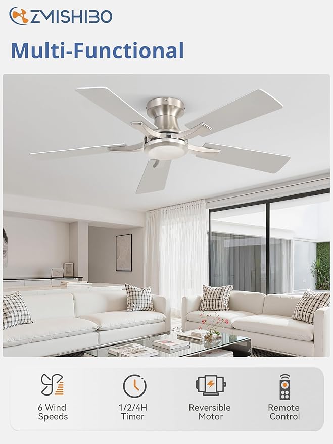 ZMISHIBO 42 Inch Ceiling Fan No Light, Flush Mount Low Profile, Modern Nickel - Image 2