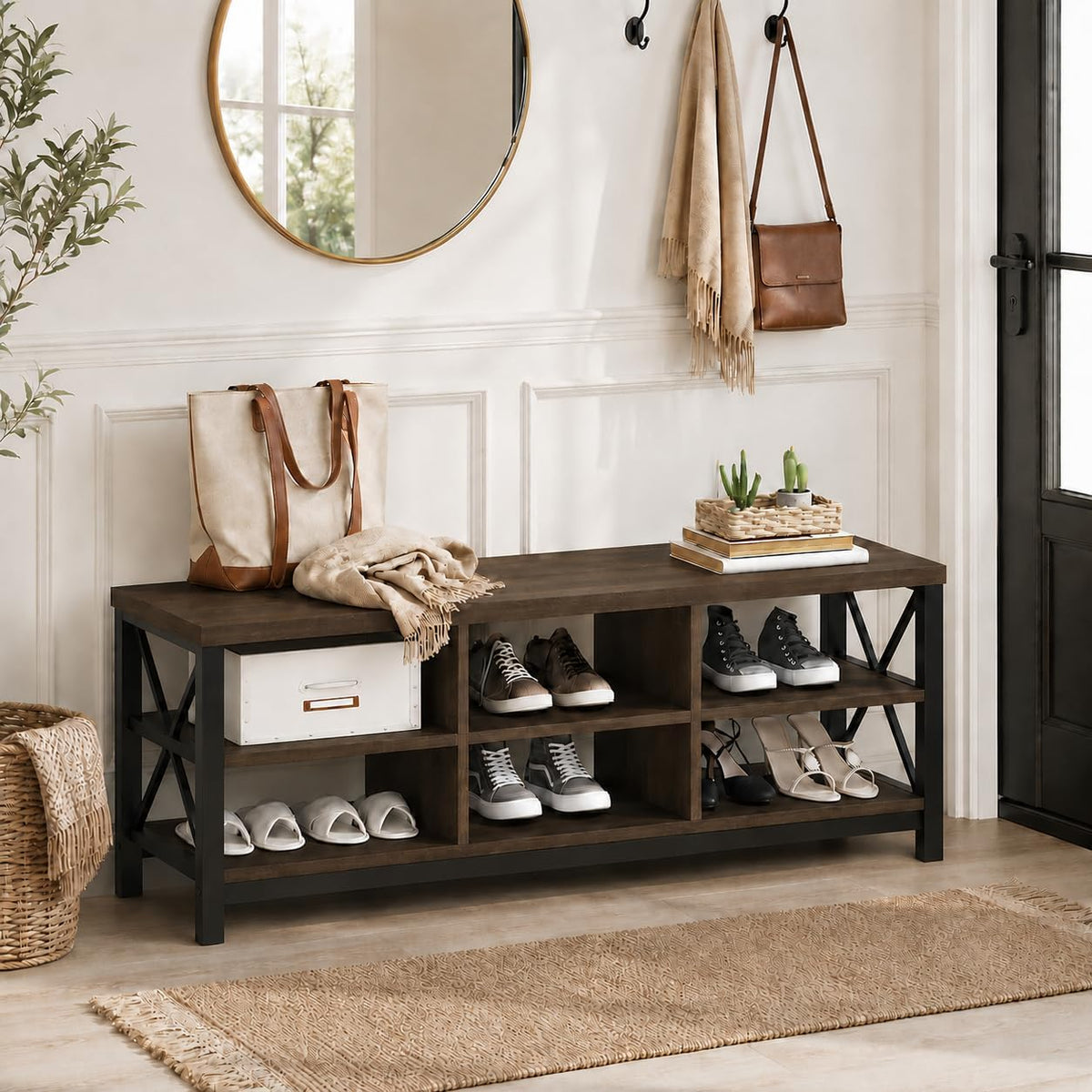 fatorri industrial shoe bench with storage, rustic entryway, main product view
