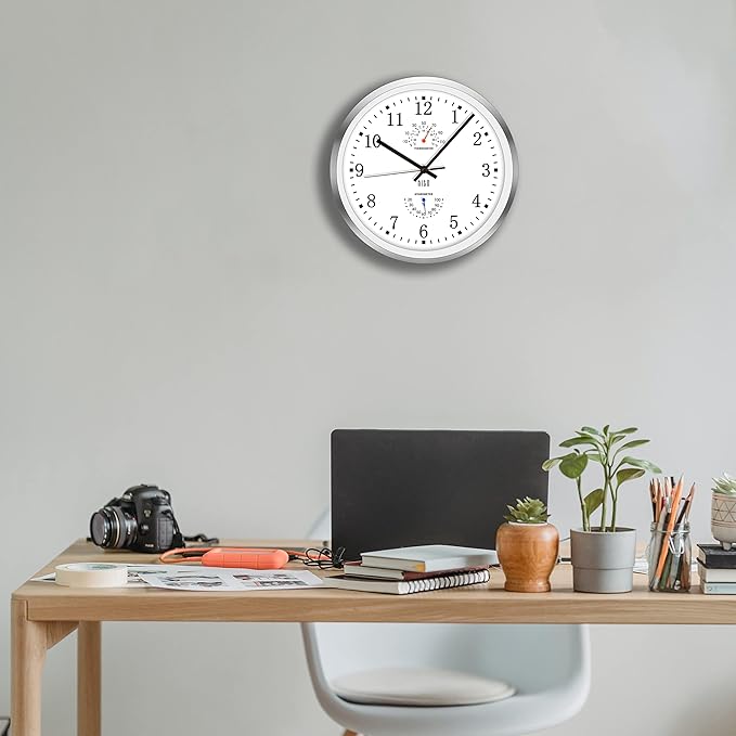 HITO 12 Inch Silent Wall Clock Battery Operated Non Ticking Glass Cover Silver - Image 7