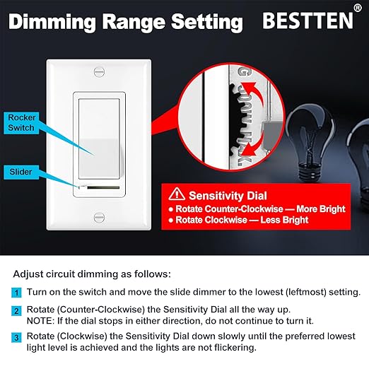 BESTTEN 10 Pack Dimmer Light Switch, Single-Pole or 3-Way Dimmer Switches - Image 3