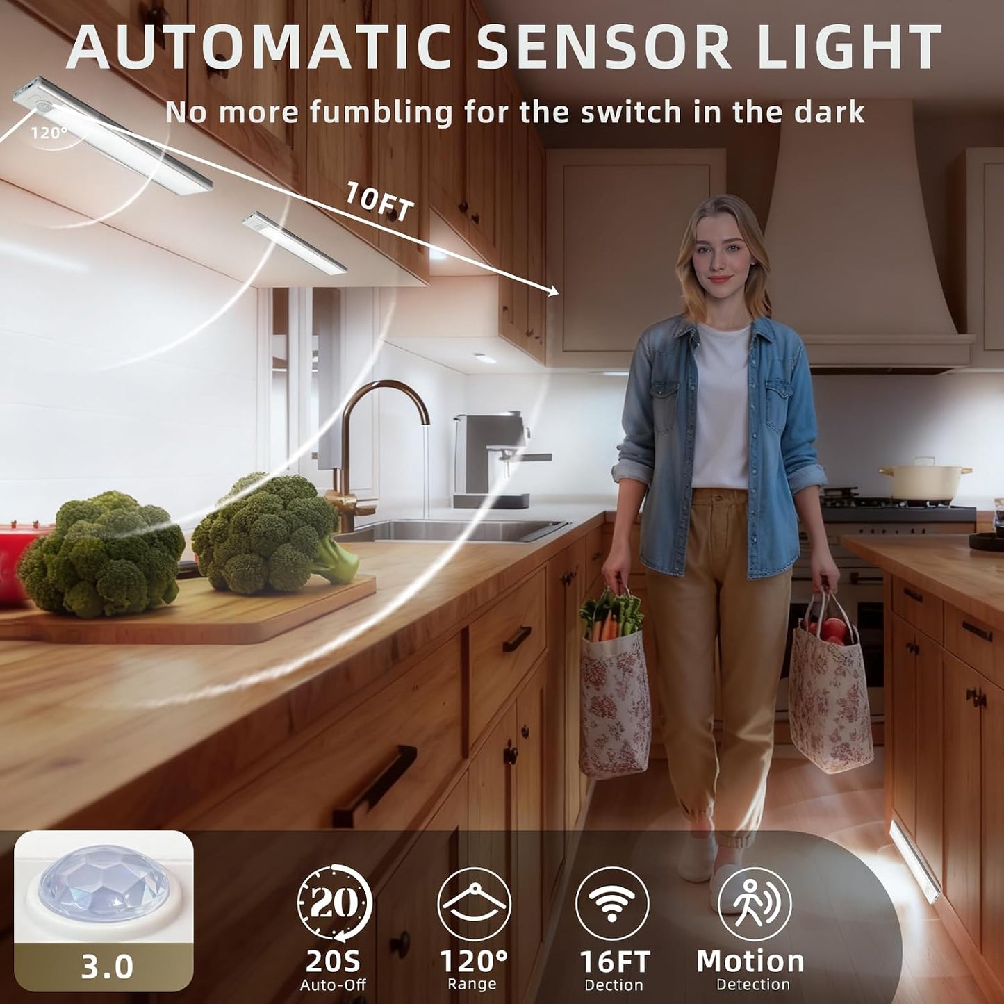 4 Pack Under Cabinet Lighting, Rechargeable Motion Sensor Light Indoor, Wireless Dimmable Magnetic Closet Lights, 32 LED Under Counter Lights for Kitchen, Wardrobe, Stairs, White Light
