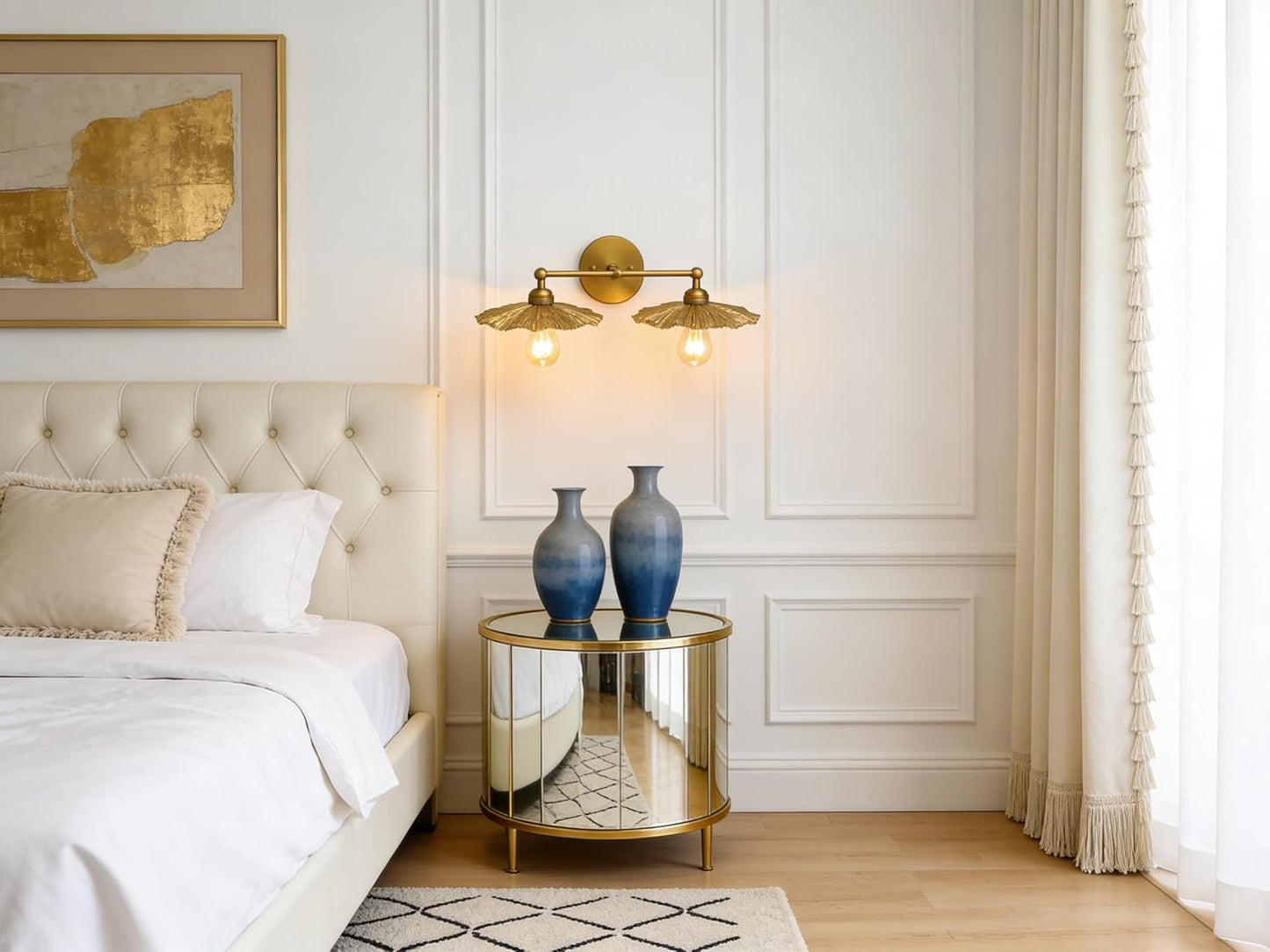 2-Lights Industrial Metal Wall Sconces, Antique Brass Flower Rippled Shade Wall Light Fixture for Bathroom Vanity, Bedroom, Dining Room, Living Room, Farmhouse, Stairs, Hallway