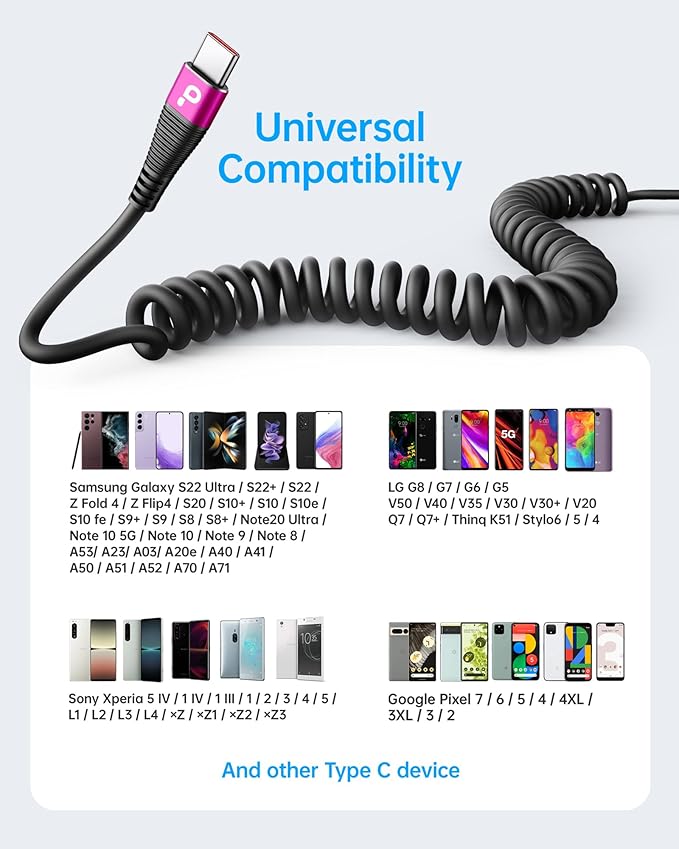 Coiled USB A to USB C Cable for Car, 3FT/5FT USB C Cable Fast Charging - Image 7