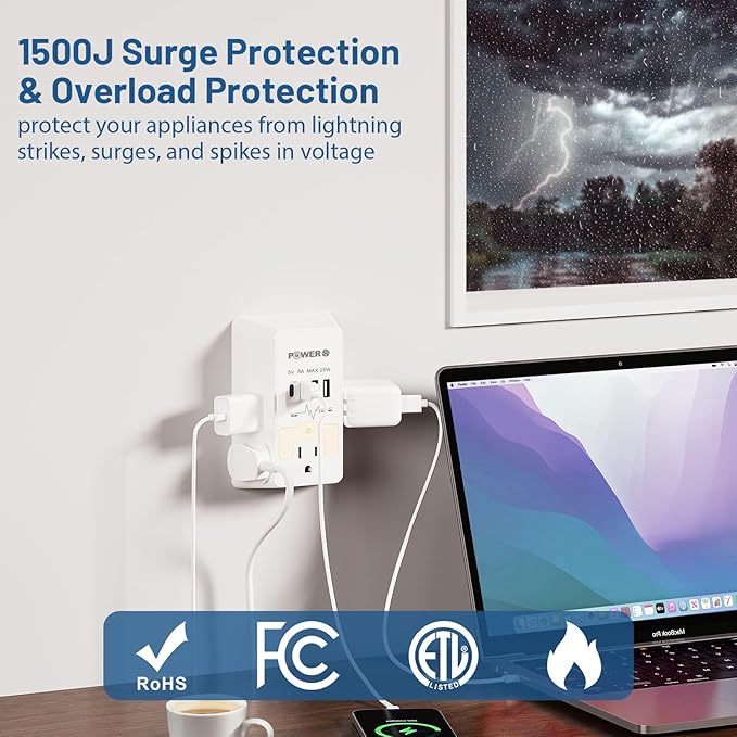 Multi Plug Wall Outlet with USB Ports, Snug Wall Outlet with Night Light - Image 7