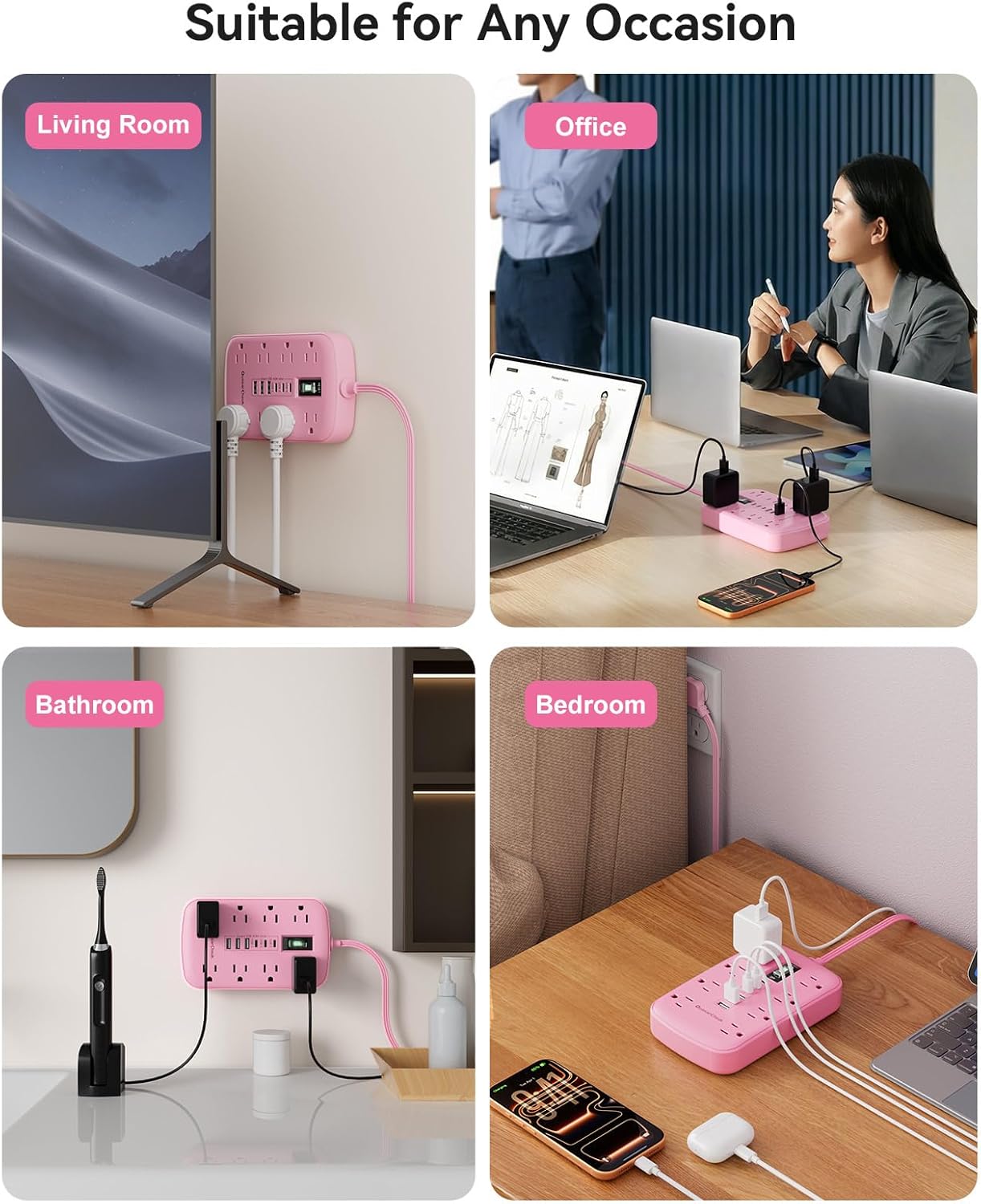 Pink Extension Cord with Surge Protector - 5 FT Kawaii Power Strip | 1625W, Cute Extension Cord with 6 USB(3 USB-C) 8 Outlets, Pink Desk Accessories for Women Girl, Kawaii Room Decor Office Dorm