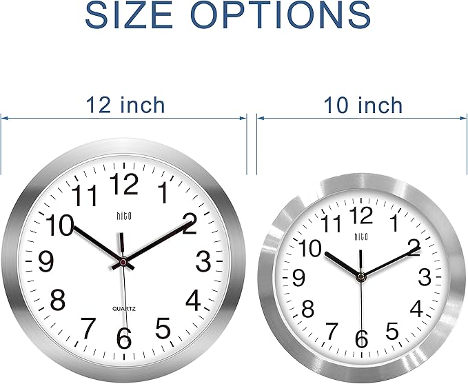 HITO 12 Inch Silent Wall Clock Battery Operated Non Ticking Glass Cover Silver - Image 3