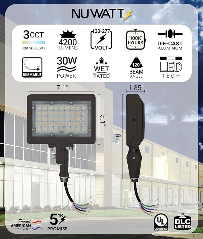 NUWATT 30W LED Flood Light, 3CCT 3000K/4000K/5000K Selectable, IP65 Waterproof - Image 2