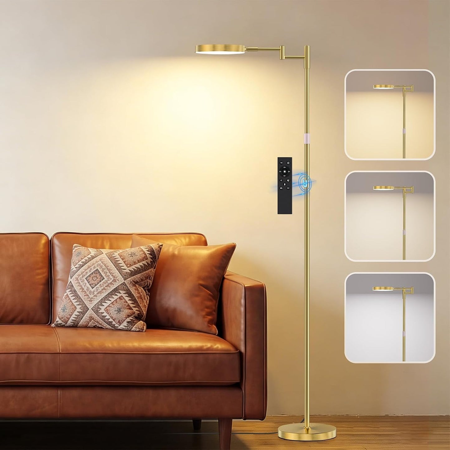 LED Floor Lamp, 18W Bright Standing Lamp with Remote Control, Adjustable Height, 350°Swing Arms, Modern Dimmable Coner Floor lamp for Reading, Sewing and Crafts, Gold