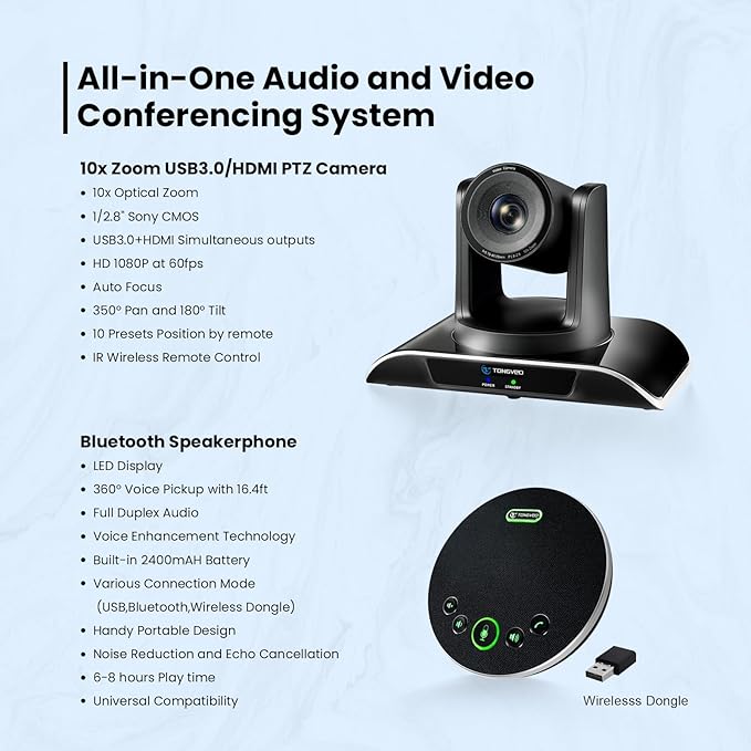 TONGVEO 10x Zoom Conference Room Video Camera System, All-in-One HD 1080P 60fps - Image 2