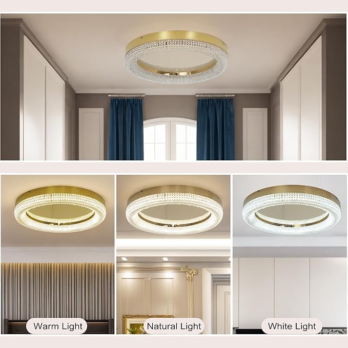 23.6" Gold LED 3 Color Remote Dimmable Modern Crystal Chandelier Round LED - Image 5