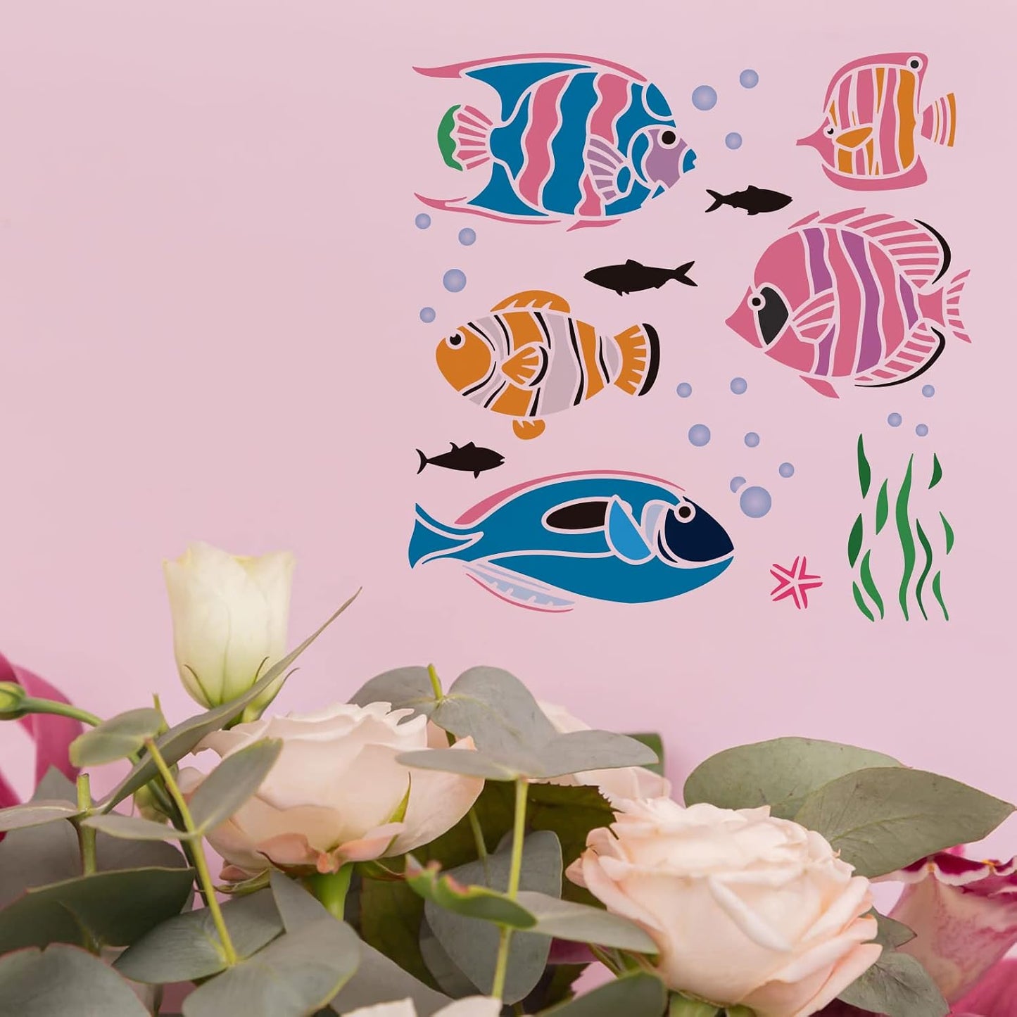 FINGERINSPIRE Tropical Fish Stencil 11.8x11.8in Ocean Sea Animal Stencils | Fish Stencils for Painting Reusable Sea Animal Stencils Sea Creatures Ocean Theme Stencil for Painting on Wood Fabric Wall