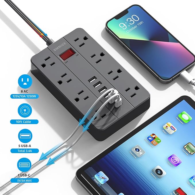 10 Ft Extension Cord Surge Protector, SMNICE 8 Widely Spaced Outlets and 6 USB - Image 3